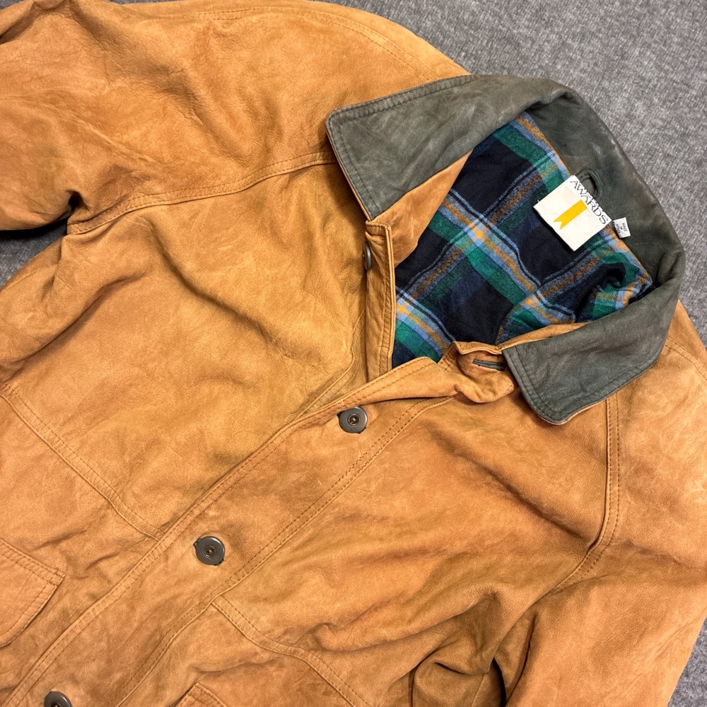 Vintage Merit Awards Pleather Barn Coat Men XL Tan Plaid Lined Synthetic